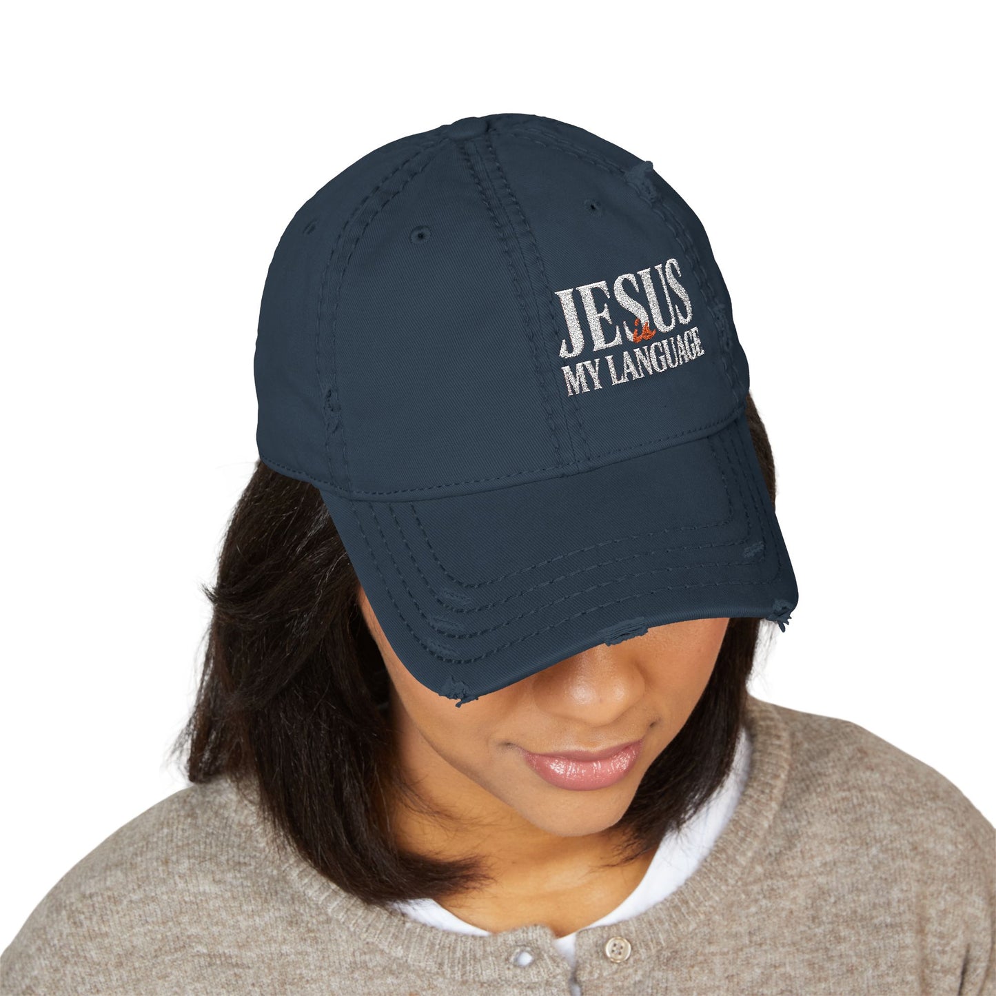 Jesus My Language Distressed Dad Hat – Embroidered Christian Baseball Cap