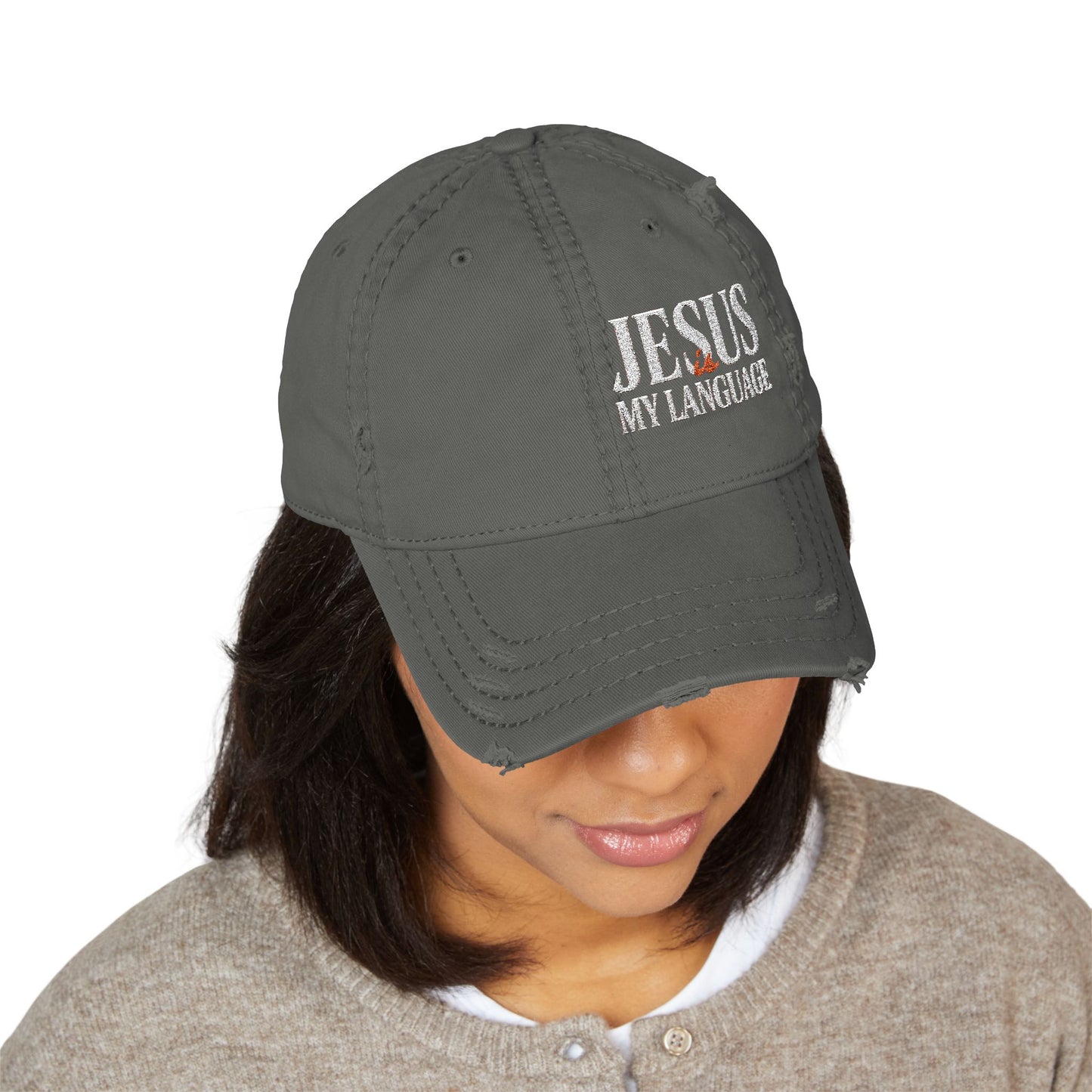 Jesus My Language Distressed Dad Hat – Embroidered Christian Baseball Cap
