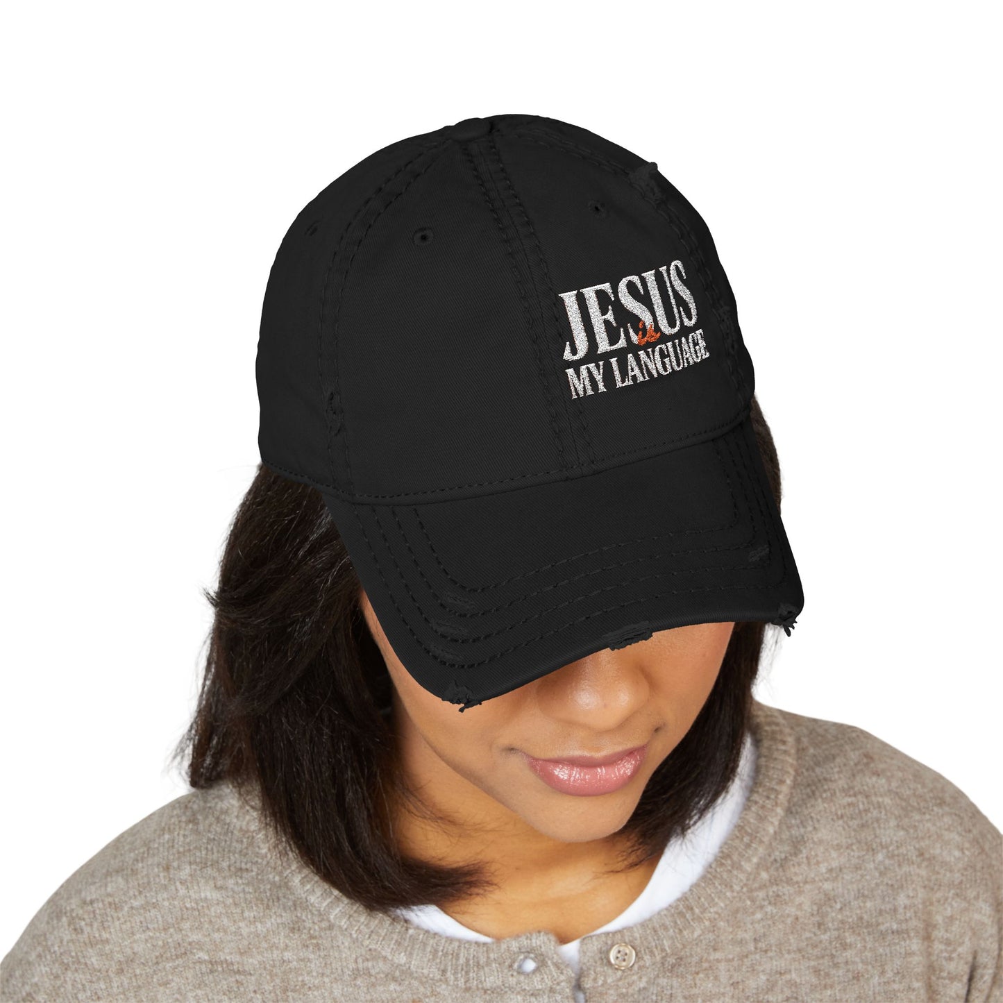 Jesus My Language Distressed Dad Hat – Embroidered Christian Baseball Cap